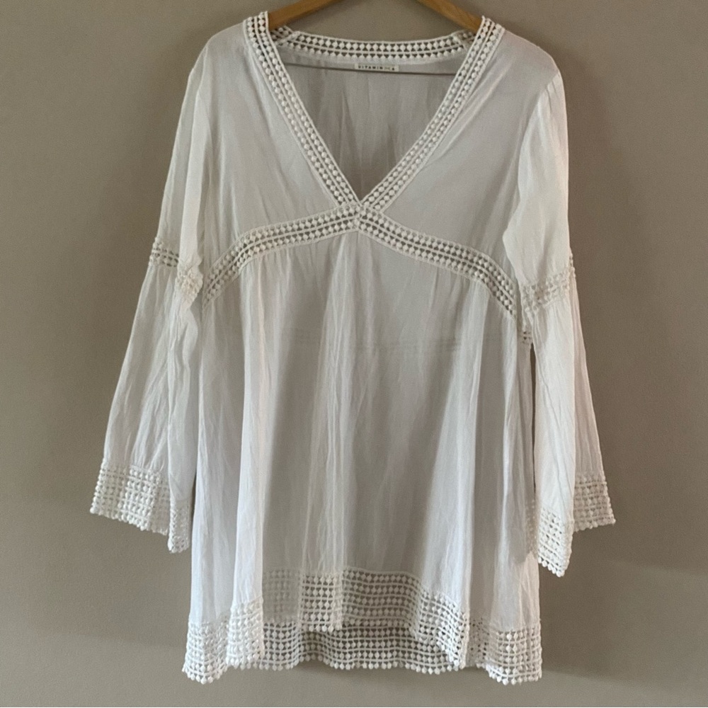 Vitamin A Organic Cotton White Long Sleeve Boho Tunic Top Swim Cover-Up Sz LARGE